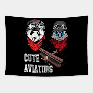 Cute Panda and cat couple in flying hat  and goggles Tapestry