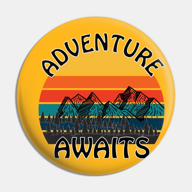 Adventure Awaits retro sunset camping Van Life Pin by Surfer Dave Designs