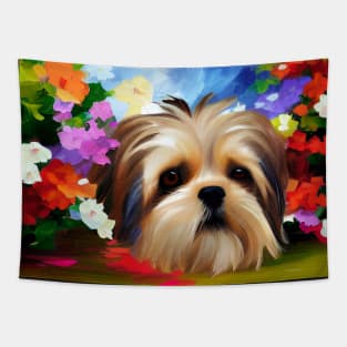 Shih Tzu Face Surrounded by Flowers Tapestry