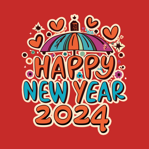 Happy New Year 2024 Funky Love Heart Font Design by IceTees