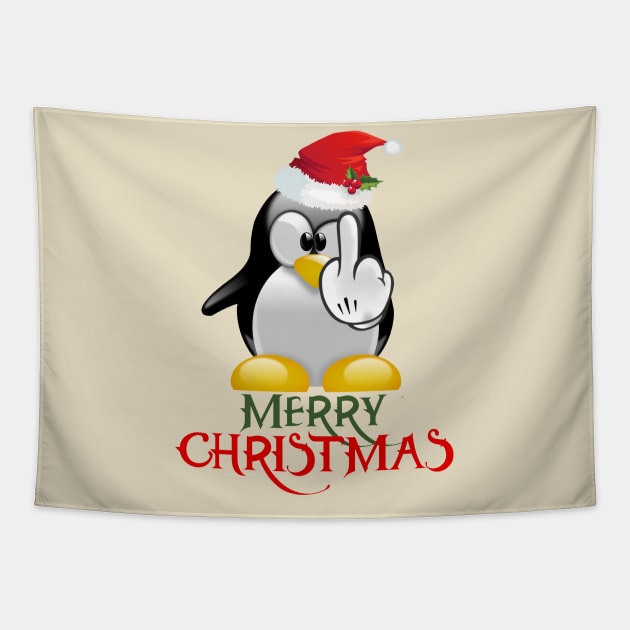 Merry Christmas Irreverent Angry Penguin Tapestry by Closeddoor