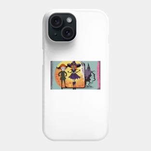 A Cartoon Witch, Ghost, and Bat Celebrating Halloween Phone Case