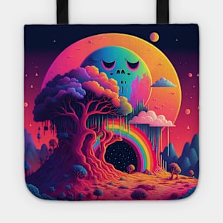 Sleepy Moon Over Forest Rainbow Portal - Psychedelic Landscape - Paint Dripping 3D Illustration - Colorful Haunted Nature Scene Tote