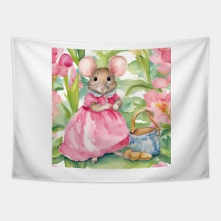 Cute mouse in a pink dress watercolor illustration Tapestry