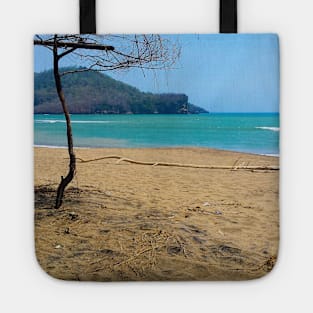 White sand beach with pine tree trunks and mountain in backround Tote