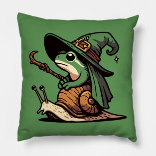 Kawaii Witchy Frog Travel on Snail Pillow