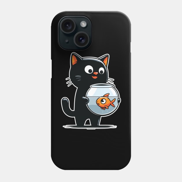 Cat Staring Down at Fish in Fishbowl Graphic Phone Case by Graphic Duster