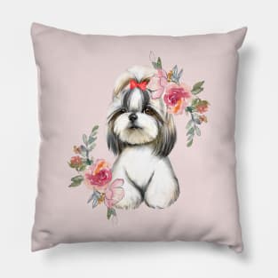 Cute Shih Tzu Puppy Dog with Flowers Watercolor Art Pillow