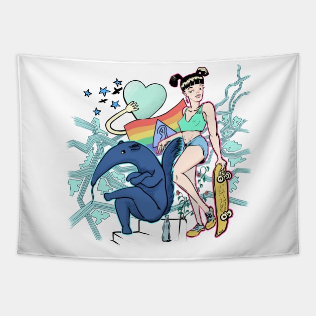 Anteater and Skater girl Tapestry by motylanoga