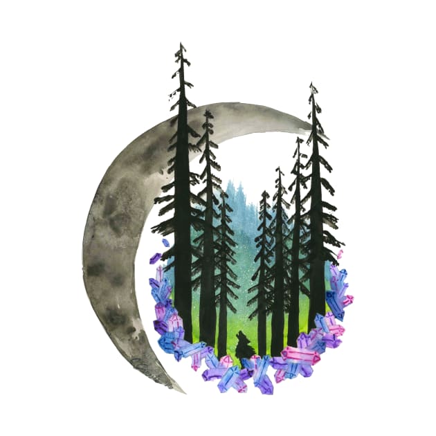 Hand Painted Watercolor Northern Lights & Moon by SingeDesigns