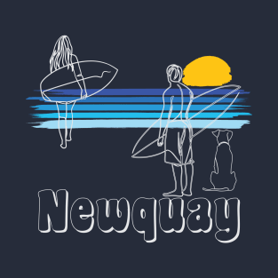 Newquay Cornwall Surf Girl and Guy with a Dog, line art Surfers T-Shirt