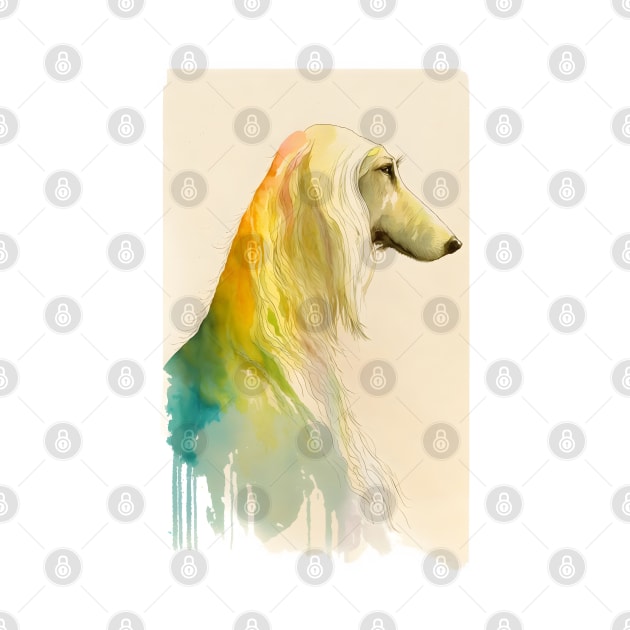 an abstract watercolor of an afghan hound in rainbow tones by designs4days