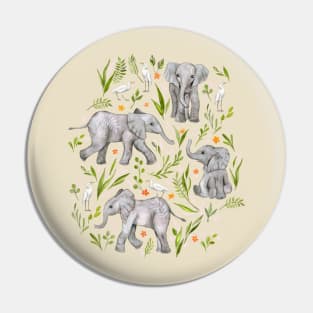 Baby Elephants and Egrets in Watercolor - neutral cream Pin