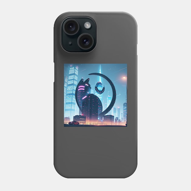 Cyberpunk city with a hidden cat outline Phone Case by ravel.live