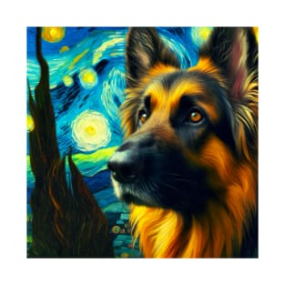 A German Shepherd’s Starry Night - Alsatian in Vincent Van Gogh Style - Contrast T-Shirt