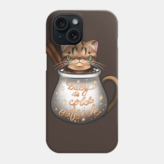 “Baby it’s cold outside” Cinnamon the tabby cat in a teacup for Christmas Phone Case by SamInJapan