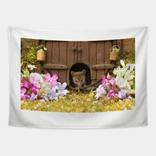 George the mouse in a log pile House spring flowers at the door Tapestry