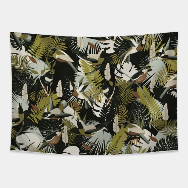 Tropicalia in Dark Greens / Paradise Birds and Exotic Plants Tapestry by matise