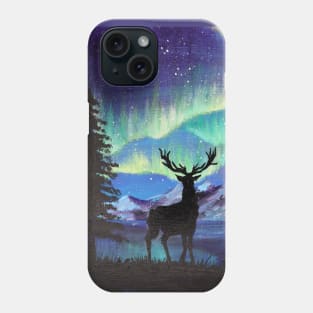 Snowy Mountain Pine Tree Starry Night Sky Deer Silhouette Northern Lights Phone Case