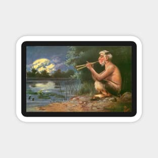 Pan sits by pond playing pipes by moonlight Magnet