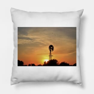 Kansas colorful Sunset with a Windmill silhouette and a bird in the sky. Pillow