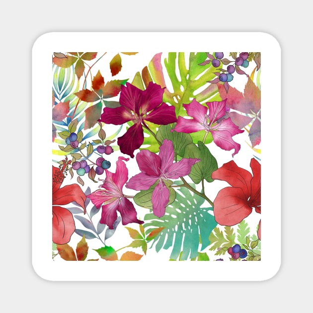 Tropical flowers and leaves watercolor summer botanical illustration. Bauhinia, Hibiscus flowers Monstera, palm leaves. Aquarelle vibrant jungle print. Magnet by likapix