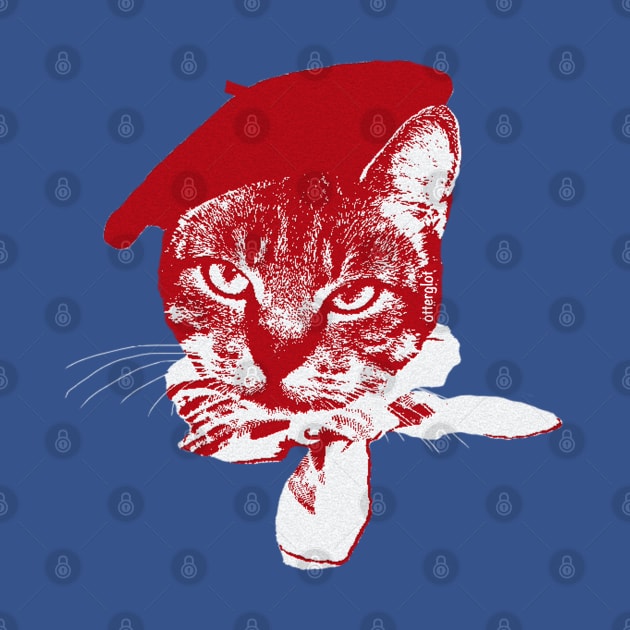 Ooo la la Cat with Beret, Red and White on Blue by otterglot