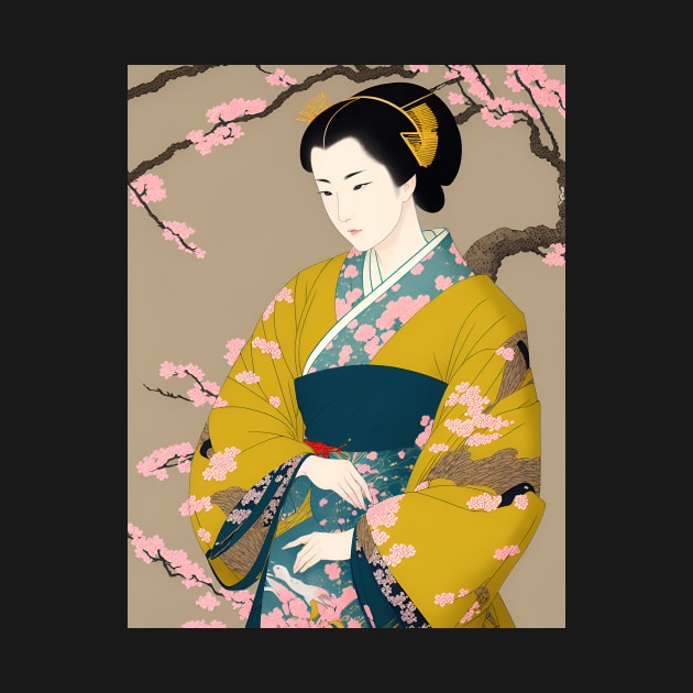 Ukiyo-e Japanese Art - Beautiful Woman Wearing Yellow Kimono by allovervintage