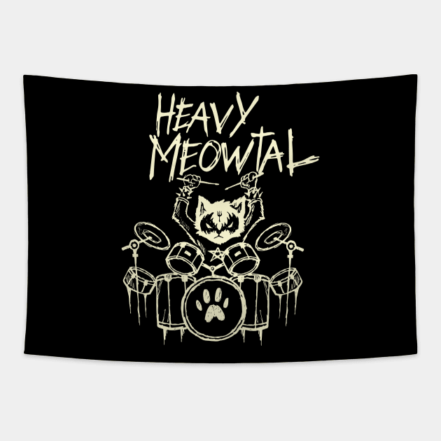 Heavy Metal Headbanger Gift Drummer Cat Playing Drum Meowtal Tapestry by TellingTales