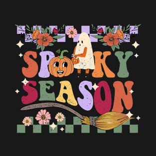 Retro Spooky Season Halloween Ghost Womens Graphic Tee Gift T-Shirt