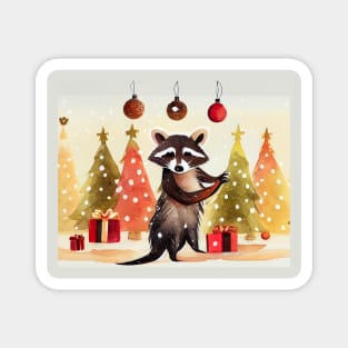 Raccoon Decorating Christmas Tree Magnet