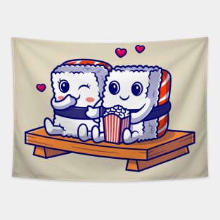 Cute Couple Sushi Eating Popcorn Cartoon Tapestry