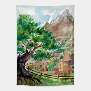 Mountain Village and old Tree Tapestry