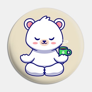 Cute Baby Polar Bear Meditation With Coffee Cup Cartoon Pin