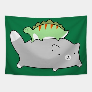 A cute blue tuxedo cat and tiny green stegosaurus. Tapestry