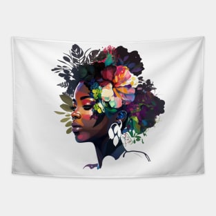 Afro Natural Curly Black women Floral Flowers Tapestry