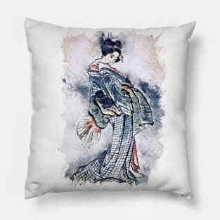 Beautiful Geisha in Kimono watercolor portrait / Vintage japanese Hokusai art style Pillow