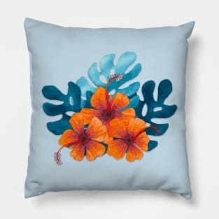 Tropical orange hibiscus flowers Pillow