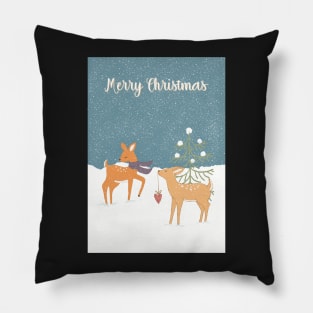 Merry Christmas, two small deer meeting in the snowy night Pillow