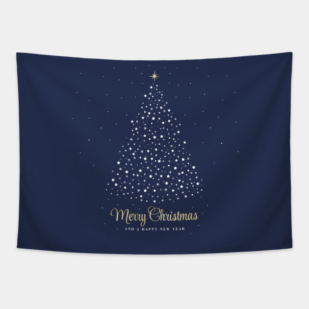 Merry Christmas and a Happy New Year. Minimalistic Christmas tree illustration. High quality Christmas blue white and gold starry illustration in minimalist style. Tapestry by ChrisiMM