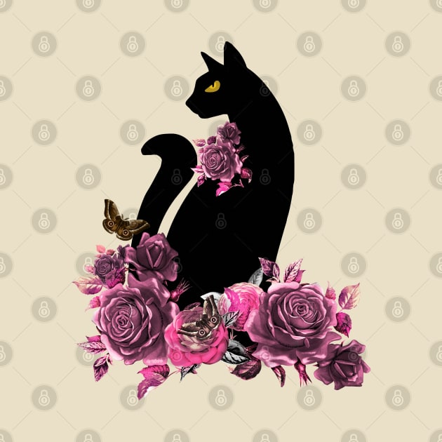 black color cat with butterfly moth and flowers, cats lovers design by Collagedream