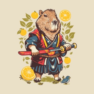 Capybara Orange | Samurai Capy Slicing an Yuzu with Katana | Capybara with Orange on Head | His Name - Gort T-Shirt