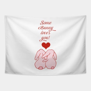 Bunny love damask pattern on red Tapestry