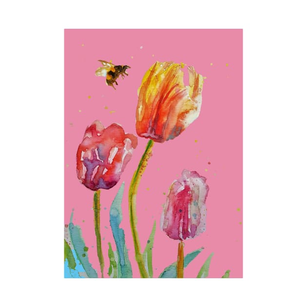 Tulip Flower Watercolor Painting and Bee on Pink by SarahRajkotwala