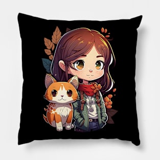 Cat & Girl Kawaii Anime Retro Fall Cat Lover Pillow