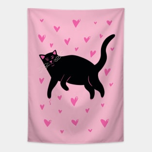 Cute black cat with hearts . Valentine illustration Tapestry