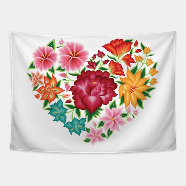 Mexican Embroidery Style Heart Design from Oaxaca, México Tapestry by Akbaly