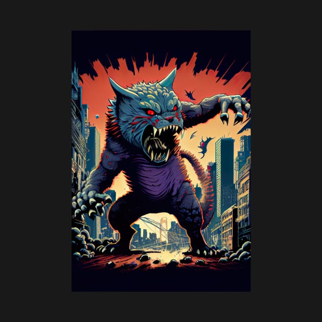 Giant Angry blue Cat attacking a city by KoolArtDistrict