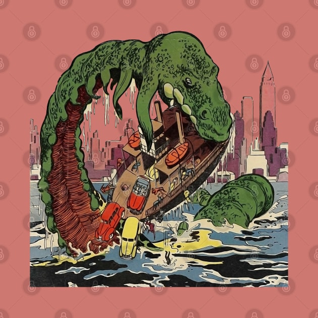 Mysterious Green Monster Lake Water Boat Cars City Retro Comic Vintage Cartoon by REVISTANGO