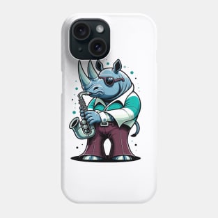 Groovy 70s Saxophone-blowing Rhino - Colorful Cartoon Vector Art Phone Case